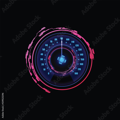 Vector illustration of car speedometer panel in neon blue and pink colors with arrow and dial.
