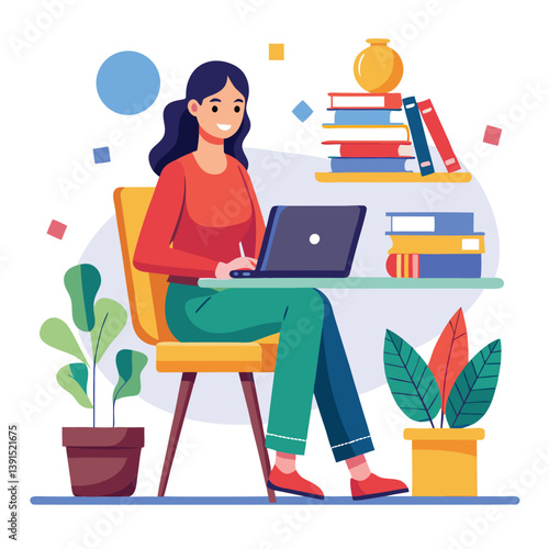 a girl is using his laptop vector
