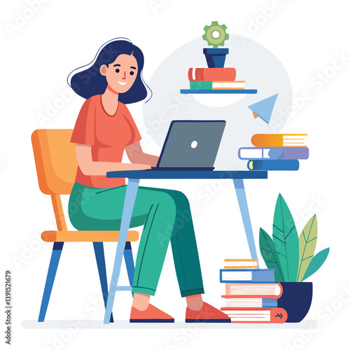 a girl is using his laptop vector