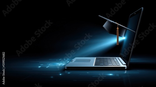 Laptop with Graduation Cap and Blue Light