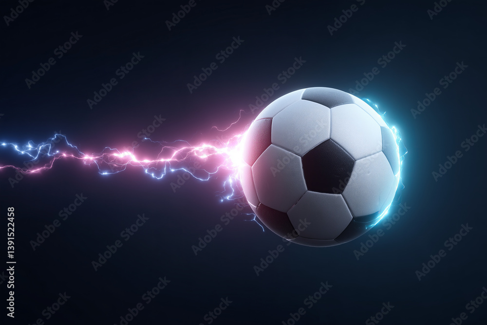 Fototapeta premium Dynamic soccer ball with electrifying energy trails in a dark background showcasing movement and speed