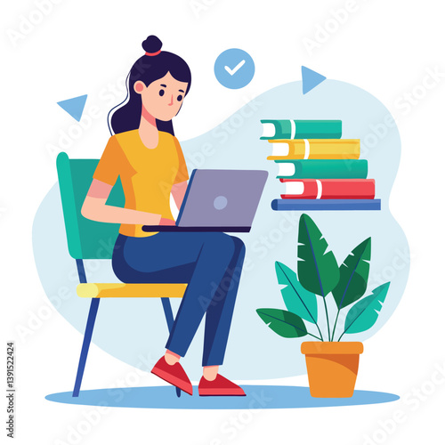 a girl is using his laptop vector