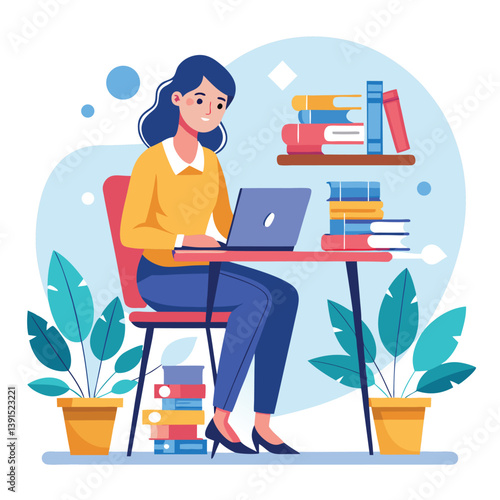 a girl is using his laptop vector