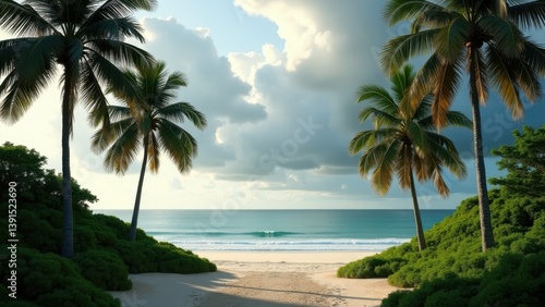 Empty tropical beach with palm trees and overcast sky showing silence and coastal solitude	