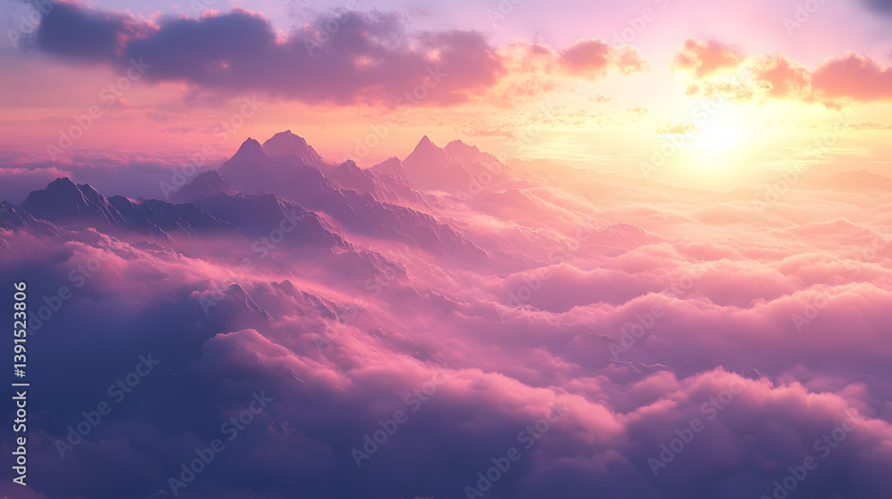 Sunset Serenity: A majestic mountain range is partially obscured by a sea of vibrant pink clouds, with the sun casting a warm glow, evoking a sense of awe and tranquility. Sunset Serenity: A majestic mountain range is partially obscured by a sea of vibrant pink clouds, with the sun casting a warm glow, evoking a sense of awe and tranquility.