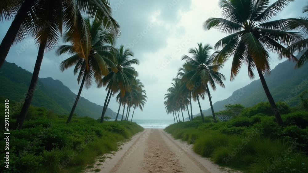Obraz premium Empty tropical beach with palm trees and overcast sky showing silence and coastal solitude 