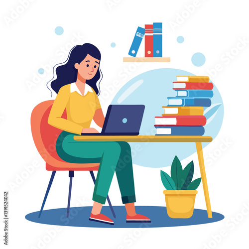 a girl is using his laptop vector