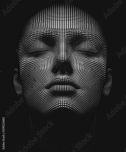 Abstract portrait made up of dots with a black background creating an interesting 3D texture. The face has closed eyes and a contemplative expression.