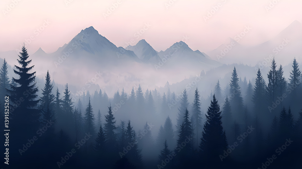 Obraz premium Misty Mountain Vista: A serene panorama unfolds, revealing a majestic mountain range shrouded in a soft, ethereal mist, with tall evergreen trees, evoking a sense of calm and wonder.
