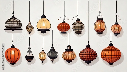 Stylish Ceiling Hanging Lamp Set Collection on Bright White Surface

