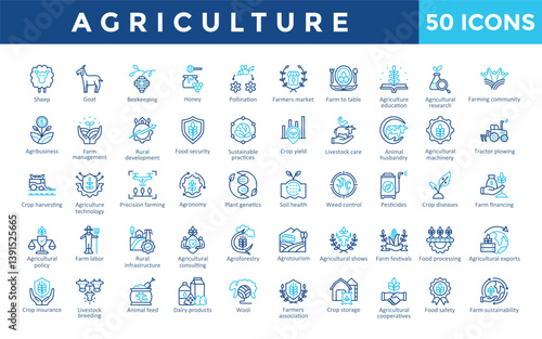 Agriculture icons set with sheep, goat, beekeeping, honey, pollination, farmers market, farm to table, agriculture education, agricultural research icon. Simple outline color vector 
