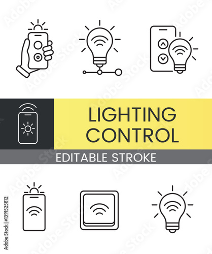 A set of vector icons representing smart lighting control systems for home automation, created in line style with editable stroke