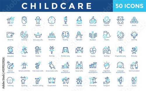 Childcare icons set with child, baby, toddler, infant, nursery, daycare, preschool, playtime, toys, blocks icon. Simple outline color vector 
