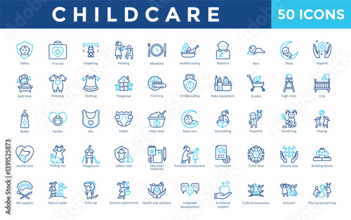 Childcare icons set with safety, first aid, diapering, feeding, mealtime, healthy eating, naptime, rest, sleep, hygiene icon. Simple outline color vector 
