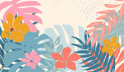 Abstract summer background with tropical leaves and exotic flowers. Vector flat illustration