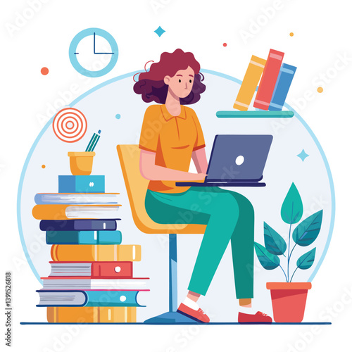 a girl is using his laptop vector