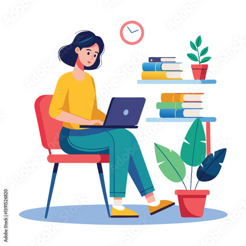 a girl is using his laptop vector