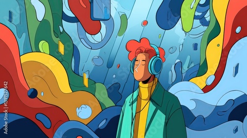 Man with Headphones and Abstract Shapes Illustration