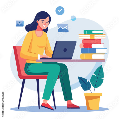 a girl is using his laptop vector