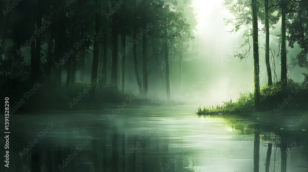 Fototapeta premium Mist-shrouded Waters and Majestic Trees: The tranquil scene is dominated by a mist-covered lake that mirrors the silhouetted trees on its edge, as sunlight pierces the fog.