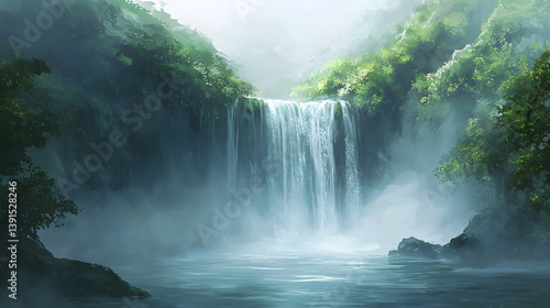 Cascading Waters: A serene waterfall plunges into a tranquil pool. surrounded by lush greenery, creating a vibrant landscape.  evoking feelings of peace and the refreshing atmosphere of nature.