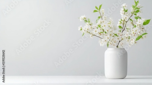 Wallpaper Mural A white ceramic vase with delicate white flowers and green leaves on a minimalist white surface, soft pastel background, and elegant floral arrangement. Torontodigital.ca