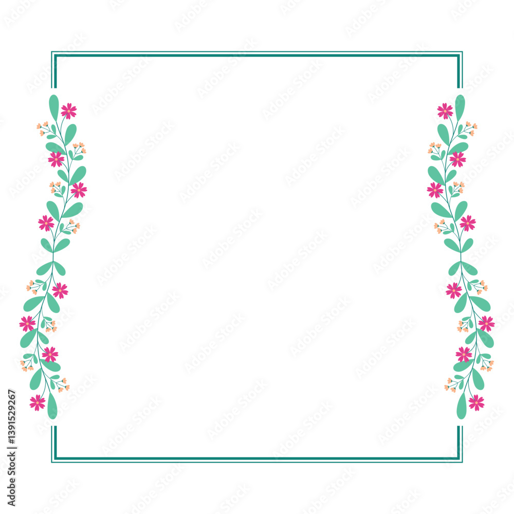 Green Square Wreath Border Frame Decorated With Green And Pink Yellow Floral Green Square Wreath Border Frame Decorated With Green And Pink Yellow Floral