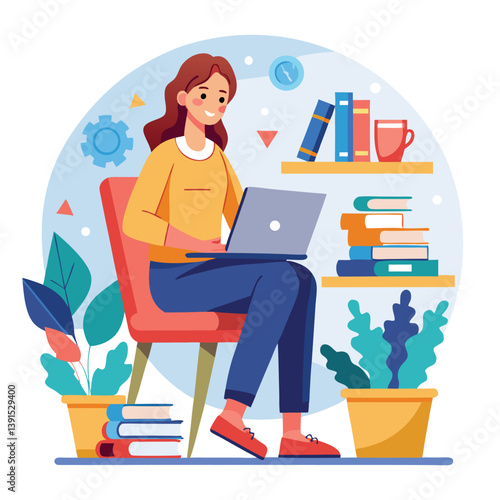 a girl is using his laptop vector