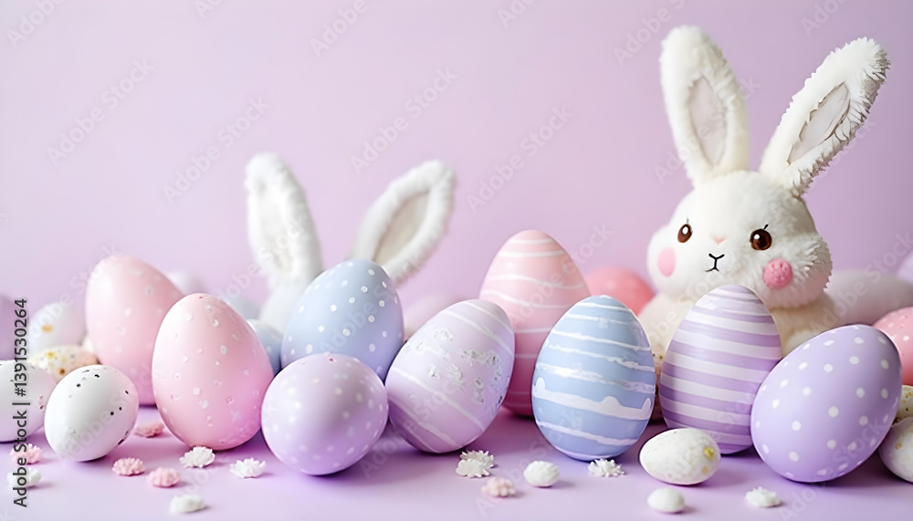 A charming Easter scene, featuring colorful eggs and a fluffy bunny in a pastel-colored setting. The image evokes feelings of joy, renewal, and the spirit of spring A charming Easter scene, featuring colorful eggs and a fluffy bunny in a pastel-colored setting. The image evokes feelings of joy, renewal, and the spirit of spring