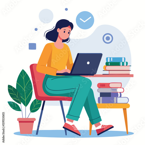 a girl is using his laptop vector