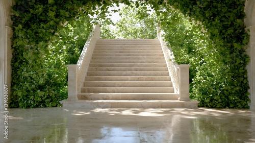 Elegant marble staircase with lush greenery