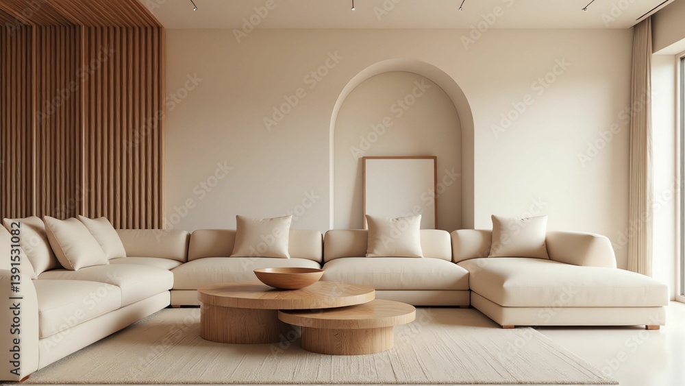 Fototapeta premium Modern Minimalist Living Room with Beige Sectional Sofa, Round Wood Tables, and Arched Architectural Details