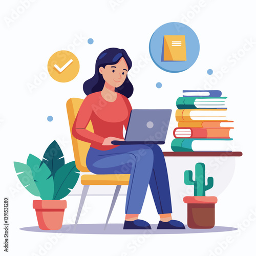 a girl is using his laptop vector
