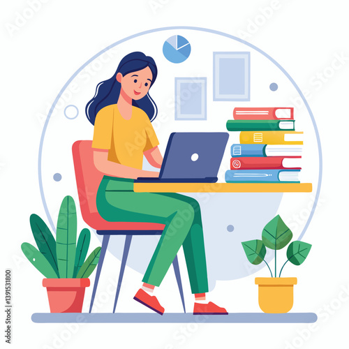 a girl is using his laptop vector