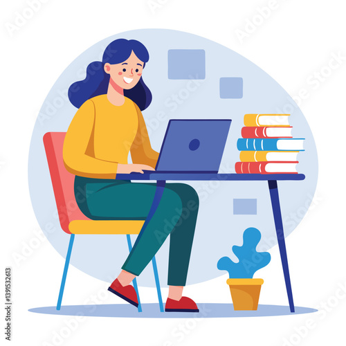 a girl is using his laptop vector