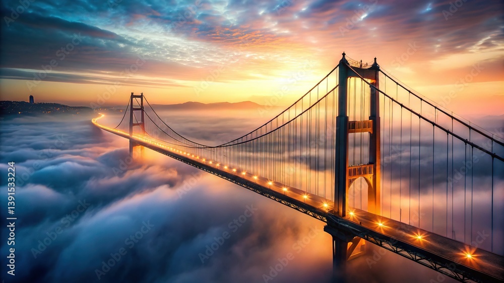 Obraz premium Misty Suspension Bridge - Dramatic Foggy Landscape Photography