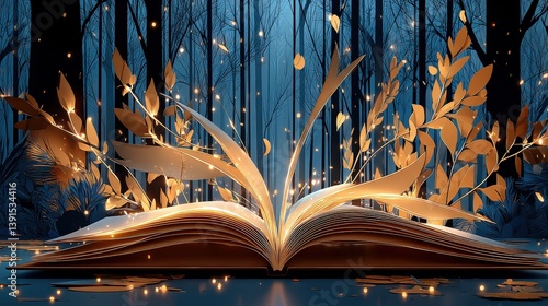 Open Book with Gold Leaves in Blue Forest