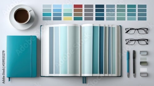Overhead View of Books, Color Swatches, Coffee, and Accessories