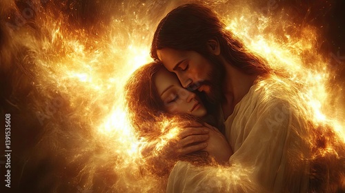 Jesus embracing a lost soul, a warm celestial glow surrounding them, peaceful and emotional religious artwork, highly detailed and awardwinning spiritual composition