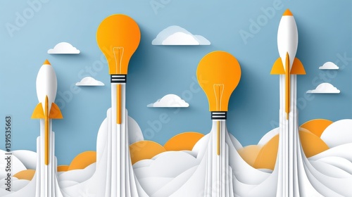 Paper-Cut Illustration of Rockets and Lightbulbs Launching