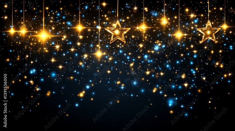 Fototapeta premium Golden and blue stars hanging with glitter on black background.