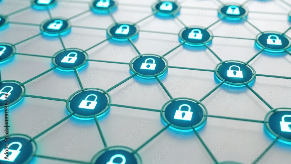 Collection of blue and white icons representing a digital ecosystem of interconnected privacy elements Collection of blue and white icons representing a digital ecosystem of interconnected privacy elements