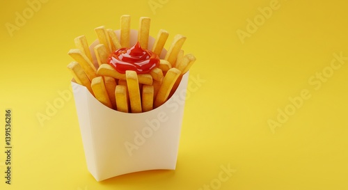 Crispy golden fries temptingly topped with ketchup. AI Generated