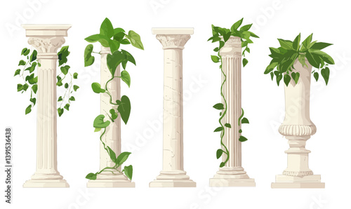 Ancient Roman Greek Classical Columns with Greenery - Minimalist Vector Set