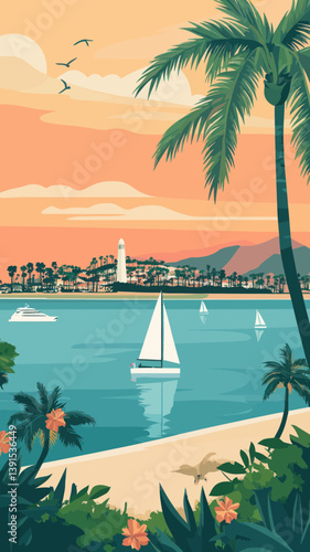 Retro San Diego Travel Poster Illustration with Ocean, Palm Trees, and Sailboats