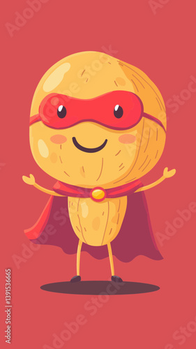 Heroic Peanut Superhero Cartoon with Cape and Mask in Minimalist Style