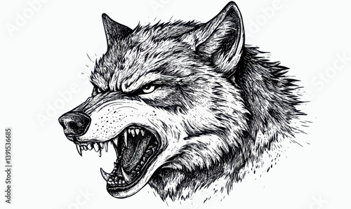 Vintage Engraved Angry Wolf Head Ink Sketch for Mascot Logo Design Minimalist Style