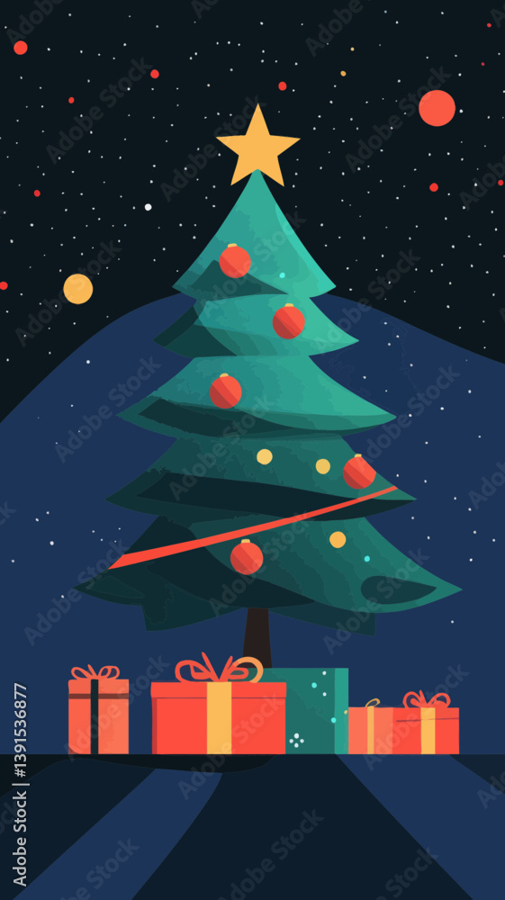 Fototapeta premium Modern Minimalist Christmas Tree with Gifts Flat Vector Design