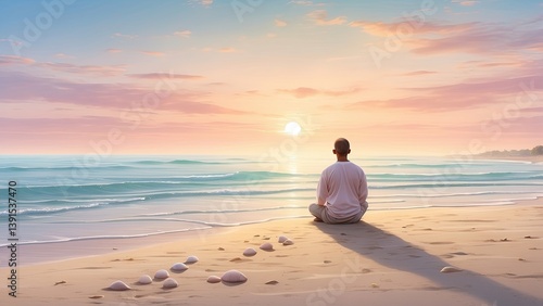 Fototapeta Naklejka Na Ścianę i Meble -  A serene beach scene under a bright, clear blue sky.