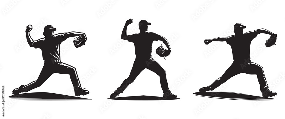 Obraz premium Set of Baseball Player throwing ball Silhouettes Vector Illustrations isolated on a white background